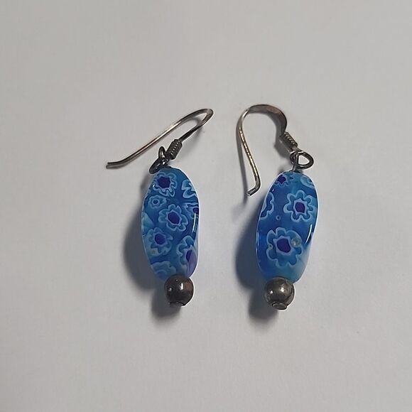 Millefiori Glass Bead Aqua Royal Blue Dangle Drop Earrings Sterling Silver Hooks - Picture 1 of 5